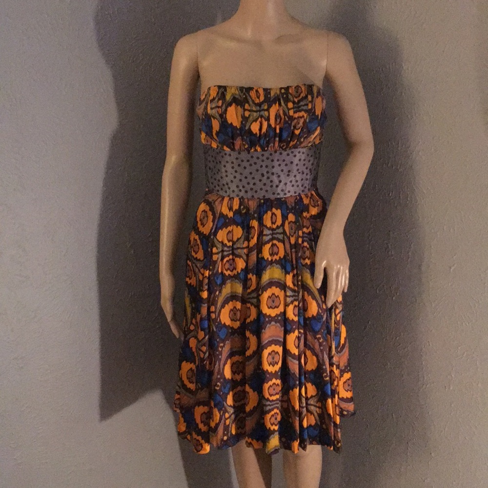 Silk Patterned Strapless Dress - image 1